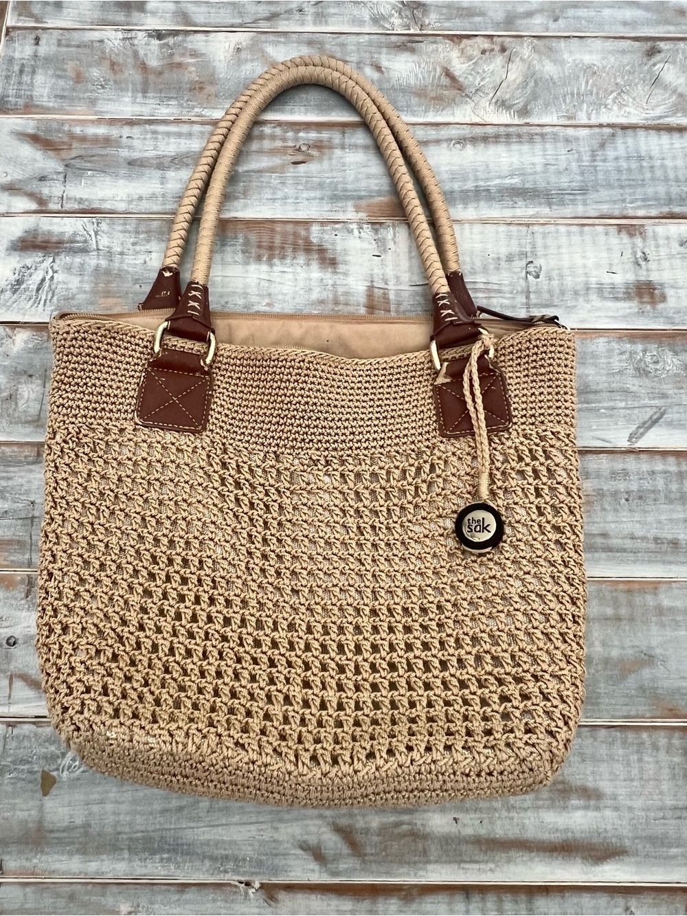 The Sak Beige Woven Tote with Brown Leather Accents
